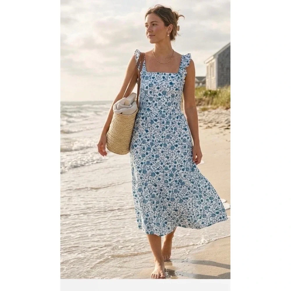 Draper James Blue Floral Cottagecore Ruffle Midi Dress XXL White Cotton Tiered